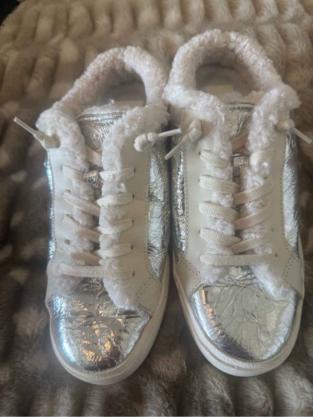 Dolce Vita Silver Metallic Faux-Shearling Lace-Up Sneakers